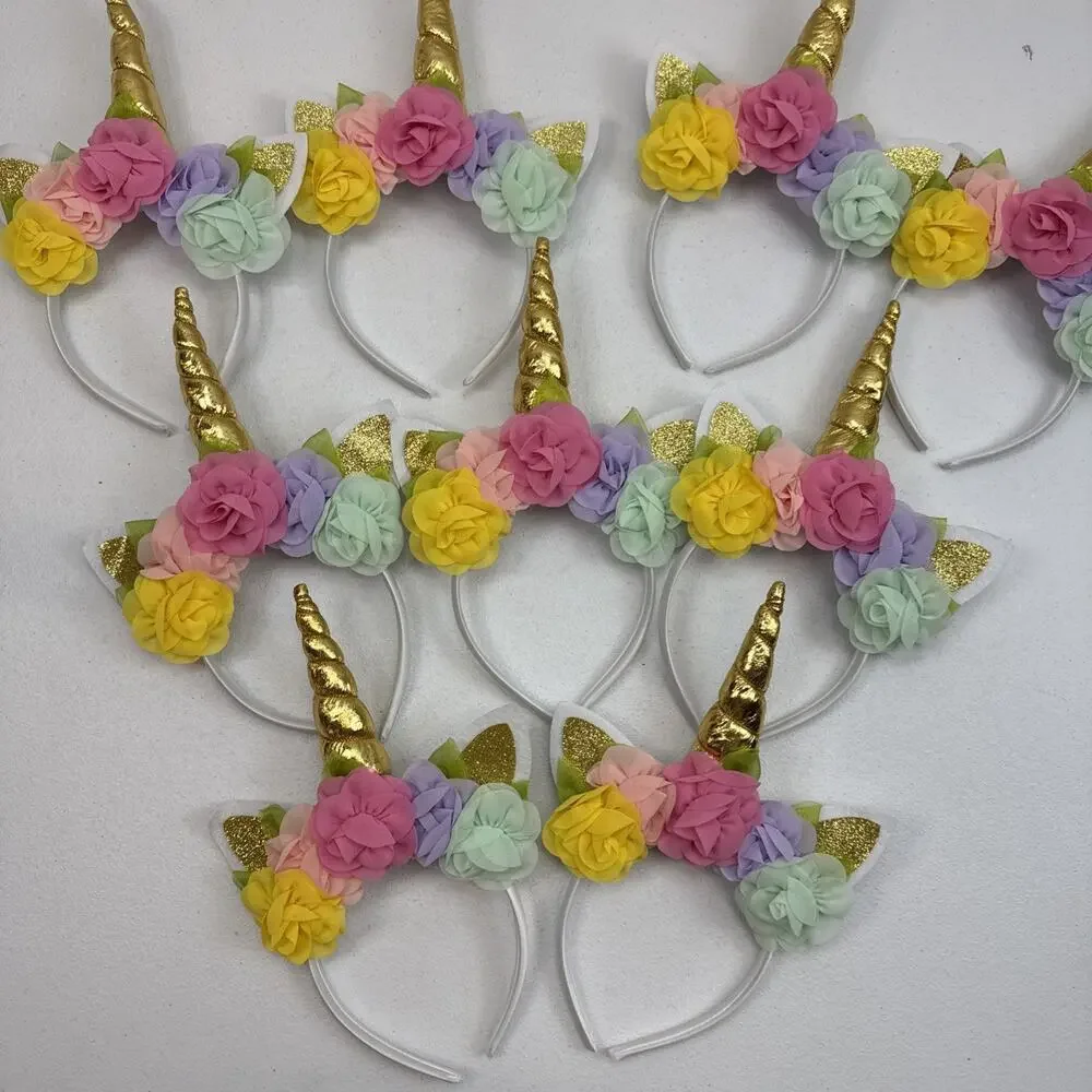 Lot of 9 Girls Floral Unicorn Headbands Bulk Birthday Party Favors Supplies Set
